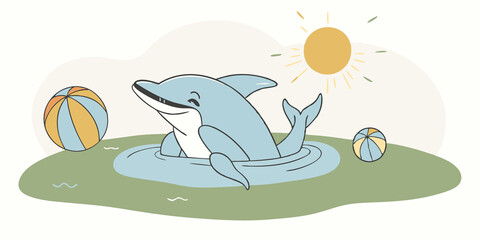 Obraz premium Sunny Dolphin Therian A Therian with smooth rounded dolphin ears wearing a light summer dress. Theyre happily splashing in a pool surrounded by colorful beach balls and a bright