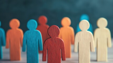 Colorful wooden figures symbolize teamwork and collaboration, representing unity and diversity in a corporate environment, set against a blurred background.