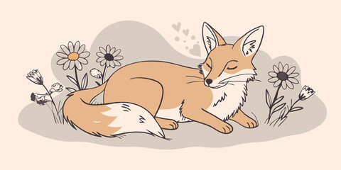 Storytime The fox lying on its belly with a storytelling gesture while the rabbit listens intently surrounded by soft grass and daisies as if they are sharing tales of adventure.