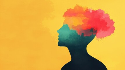 Creative artistic representation of a silhouette with colorful clouds symbolizing thoughts and imagination.