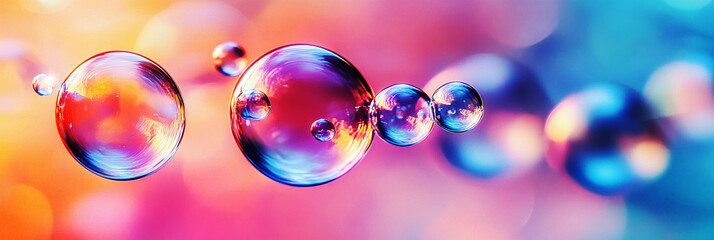 Experience the serene charm of transparent bubbles gliding through the air, each reflecting soft rainbow tones and illuminated by delicate light against a vibrant pink backdrop, banner