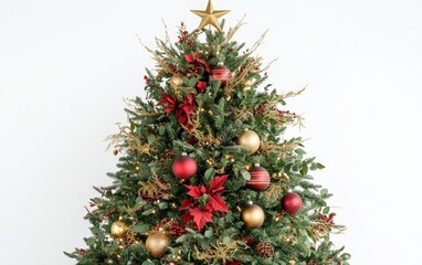 Classic Christmas Tree with Red and Gold Decor: A lush, vibrant Christmas tree on a white background, decorated with traditional red and gold ornaments, tinsel