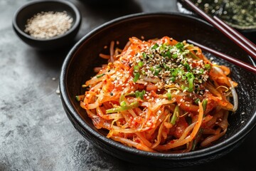 Kongnamul Muchim Traditional Korean salad of spicy mung bean sprouts garlic sesame green onions soy sauce spices and red pepper Selective focus