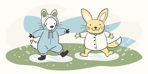 Naklejka premium Puddle Jumping Both costumes splashing joyfully in puddles after a light rain with the fox Therian playfully trying to splash the rabbit Therian.
