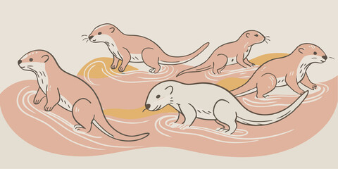 Playful Otter Moves A group of Therians resembling otters sliding down a smooth riverbank splashes of water around them as they mimic playful antics.