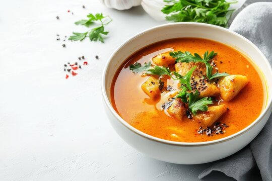 Korean fish cake soup Eomukguk with spicy gochujang served on a white table
