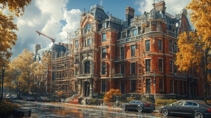 Naklejka premium A grand, historic building under renovation amidst autumn foliage.