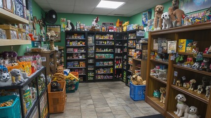 Fototapeta premium A well-stocked pet supply store with shelves full of toys, treats, and other pet accessories.