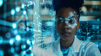 Young black woman in lab and global communication network concept. Wide angle visual for banners or advertisements