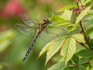 Captivating Hairy Dragonfly in Nature: Close-Up of a Dragonfly on a Leaf with Beautiful Background and Copy Space for Text