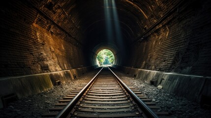 Naklejka premium A view from inside a railway tunnel looking towards the distant, visible tunnel exit, with train tracks curving gently and light at the end of the tunnel