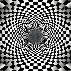 A black-and-white checkerboard pattern features a striking 3D illusion