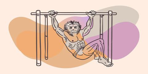 Monkey Swing A figure hanging from a low bar with hands grasping legs swinging freely resembling a monkey in motion emphasizing upper body strength.
