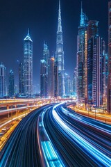 Fototapeta premium A high-speed train in motion, with a cityscape background of skyscrapers at night. The long exposure creates blurred light trails on the tracks, with a combination of blue and yellow tones