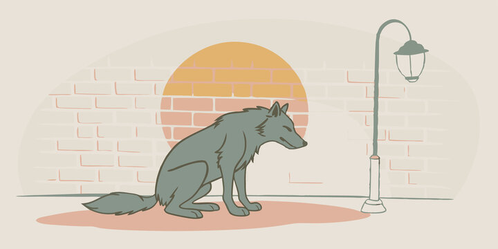 recommend clip art: Moonlit Shadows A Therian silhouette resembling a wolf crouches low against a brick wall blending in with the shadows under a streetlamp with a full moon overhead casting soft