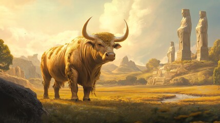 Majestic bull in tranquil landscape with monumental statues at sunset