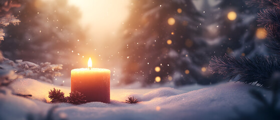 Candle Burning Softly in Cozy Winter Setting

