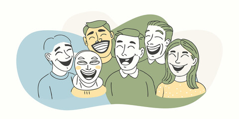 Lighthearted Sharing Therians wearing partially completed masks laughing and sharing ideas with each other creating a lighthearted and communal atmosphere in the workshop.