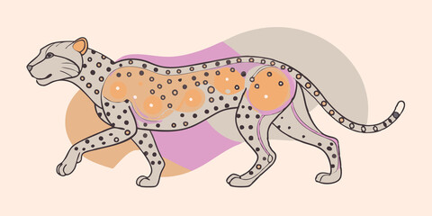 Fototapeta premium Illuminated Cheetah A sleek spotted cheetah costume with glowing orange LEDs along the tail and legs poised as if ready to sprint.
