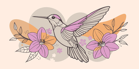 Fototapeta premium Hummingbird Dance A colorful hummingbird in motion surrounded by blossoms highlighting the themes of joy agility and the moment of life.