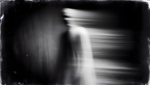 Dark and disturbing black and white portrait, blurry and ghostly of a person
