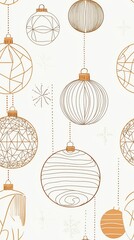 Single line art baubles pattern, seamless Christmas repeat, minimal modern design, clean geometric arrangement, white backdrop
