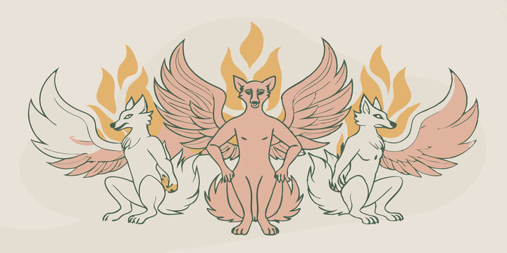 Group Shot A trio of Therians each embodying different animal traits strike dynamic poses in front of a wall showcasing a large colorful phoenix emerging from flames.