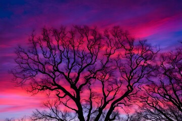 Obraz premium Leafless tree silhouettes against a swirling red purple and blue sunset sky, AI Generated
