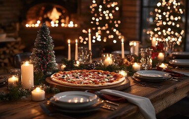 Fototapeta premium Christmas Eve Pizza Dinner Setup “ Rustic wooden table setup with pizza, holiday candles, a small Christmas tree, and seasonal decorations for a cozy Christmas Eve vibe 