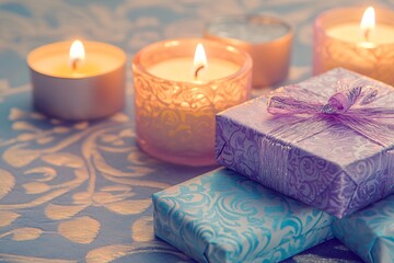 Colorful Wrapped Gifts with Decorative Ribbons and Soft Candlelight Creating a Warm and Inviting Atmosphere for Celebrations and Special Occasions