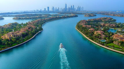 Aerial View of a Boat in a Canal with Luxury Homes and a City Skyline in the Background - Photo