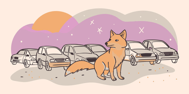 Crossing Paths A foxlike Therian weaves silently between parked cars carefully avoiding stepping on the gravel that would betray its presence beneath the starry night sky.