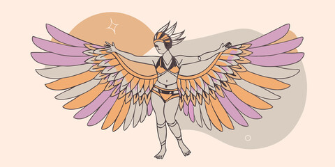 Colorful Parrot Presence A vibrant parrot costume showcases bright blues yellows and greens featuring large wings attached to the arms as the model shows off playful movements.