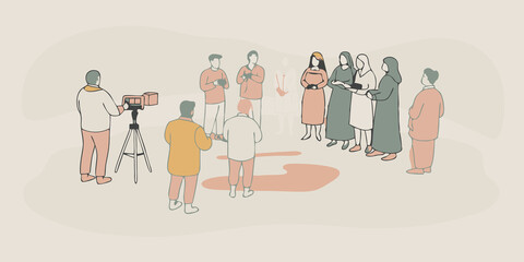 Fototapeta premium Community Gathering A scene showing a small community gathering of Therians in a public square with the documentary team interviewing individuals oneonone.