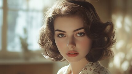 Naklejka premium Young woman with vintage hairstyle looking at the camera.