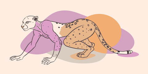 Cheetah Sprint A person in a low squat hands on the ground mimicking a cheetah poised to sprint. The posture captures the tension and readiness showcasing strong leg muscles.