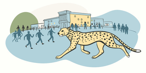 Naklejka premium Cheeta Dash A figure is captured midsprint channeling the speed of a cheetah while zigzagging through a city plaza filled with onlookers.