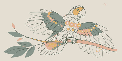 Obraz premium Brightly Colored Parrot A vibrant tropical parrot costume with bright feathers and blinking red and yellow LEDs along the wings and beak perched on a branch.