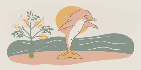 Beachside Balance A dolphininspired character performing a tree pose on the shore one foot pressed against the inner thigh waves gently lapping at their feet.