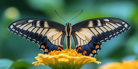 Obraz premium A swallowtail butterfly with black and yellow stripes and blue and orange spots on its wings, perched on a yellow flower.