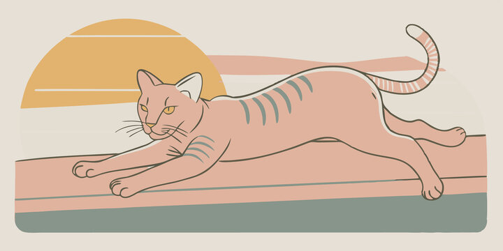 A lithe catlike Therian stretching on a narrow ledge one paw up and eyes focused ahead framed by a serene sunset that casts warm hues on the scene.