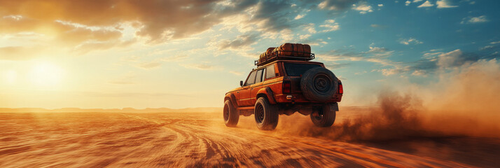In a dramatic desert landscape, an off-road vehicle with roof luggage kicks up dust trails as it navigates under the scorching sun and a sky adorned with rolling clouds, banner