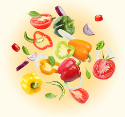 Many different fresh vegetables in air on golden gradient background