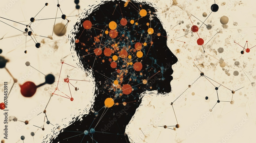 Poster a silhouette of a human head, filled with vibrant molecules and diagrams, symbolizes the intersectio