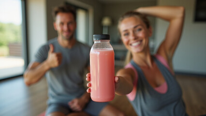 A happy couple enjoying a healthy smoothie after a workout at home.