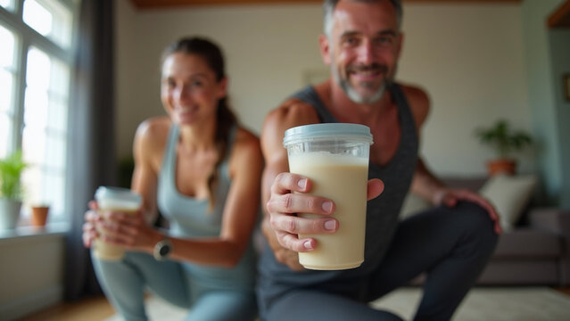 A couple smiling and holding protein shakes after a workout