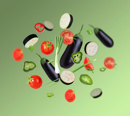 Many different fresh vegetables in air on green gradient background