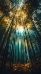 This atmospheric landscape captures a mystical bamboo forest at dawn, where peaceful sunlight filters through the dense canopy, creating a tranquil and calming environment