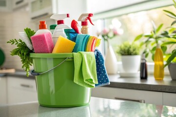 Putzutensilien in grünem Eimer für die Hausreinigung