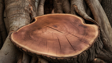 Fototapeta premium Close-up of a mahogany tree cut surface with vibrant red-brown wood grain, radial growth rings, and natural cracks, perfect for backgrounds, textures, or organic design projects. 